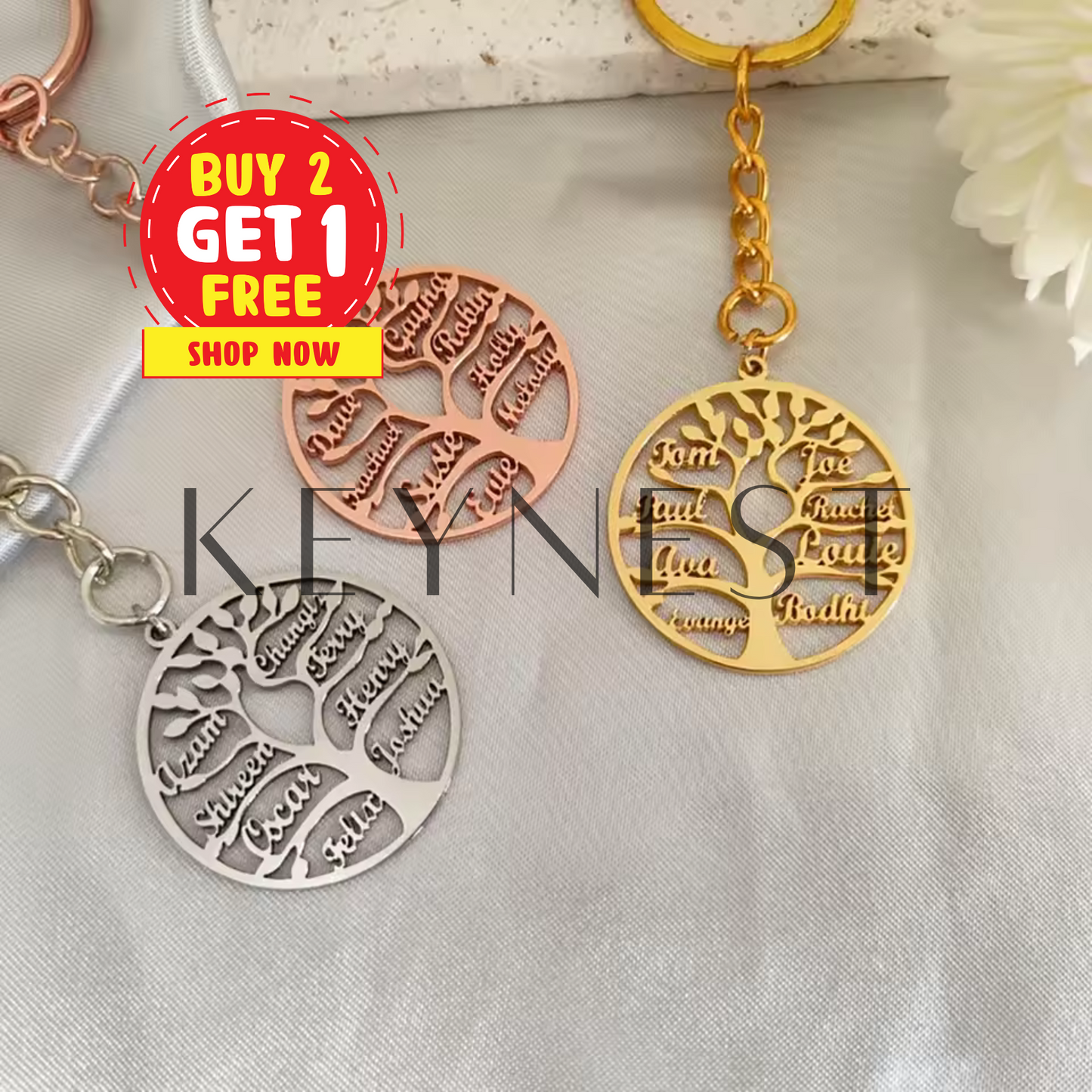 Stainless steel key ring – Tree of Life customizable with 1 to 7 first names (Available in 3 colors)