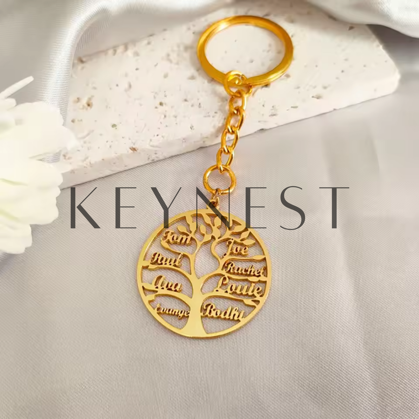 Stainless steel key ring – Tree of Life customizable with 1 to 7 first names (Available in 3 colors)