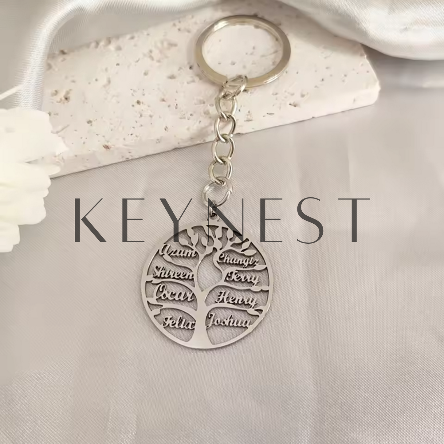 Stainless steel key ring – Tree of Life customizable with 1 to 7 first names (Available in 3 colors)