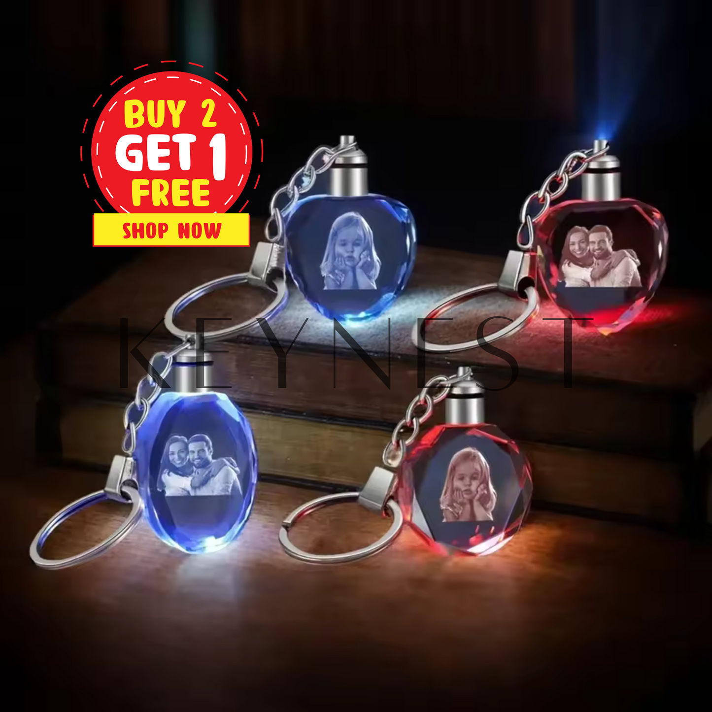 Custom LED Crystal Keychain - 3D Light Up Photo Engraving